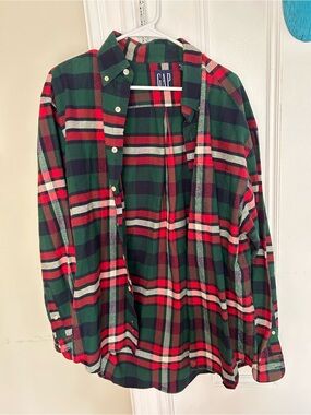 ☀️3/$25 Gap green, red, navy plaid flannel button-down shirt check large vintage